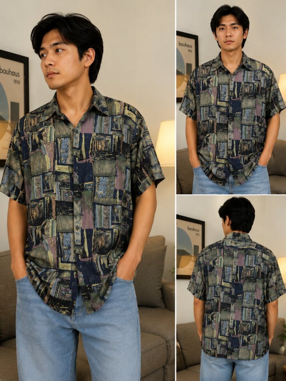 90s silk shirt Abstract Geometric Short Sleeve Button Up Shirt S